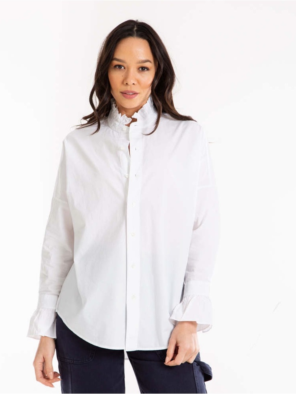 Alex Mill White Ruffle-Neck Button-Up Blouse